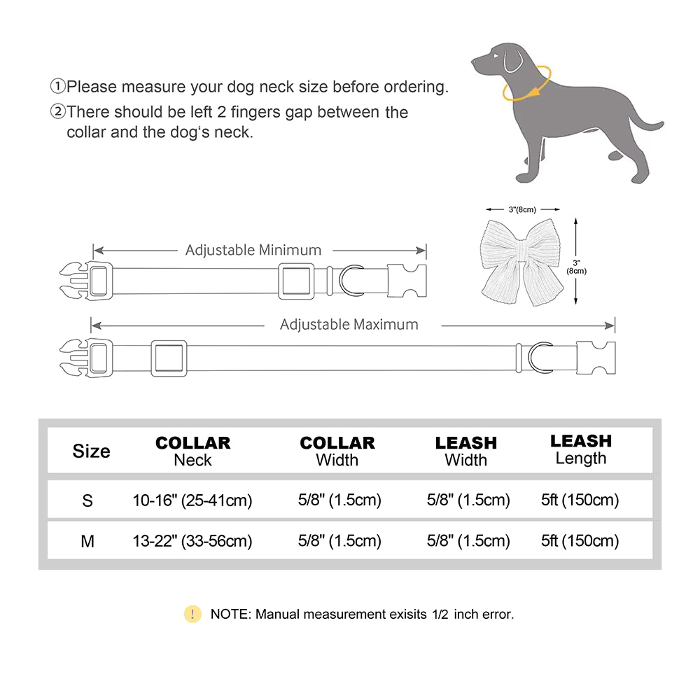 Paws For Royalty bow tie dog collar and leash set size guide showing measurements for small dogs and cats