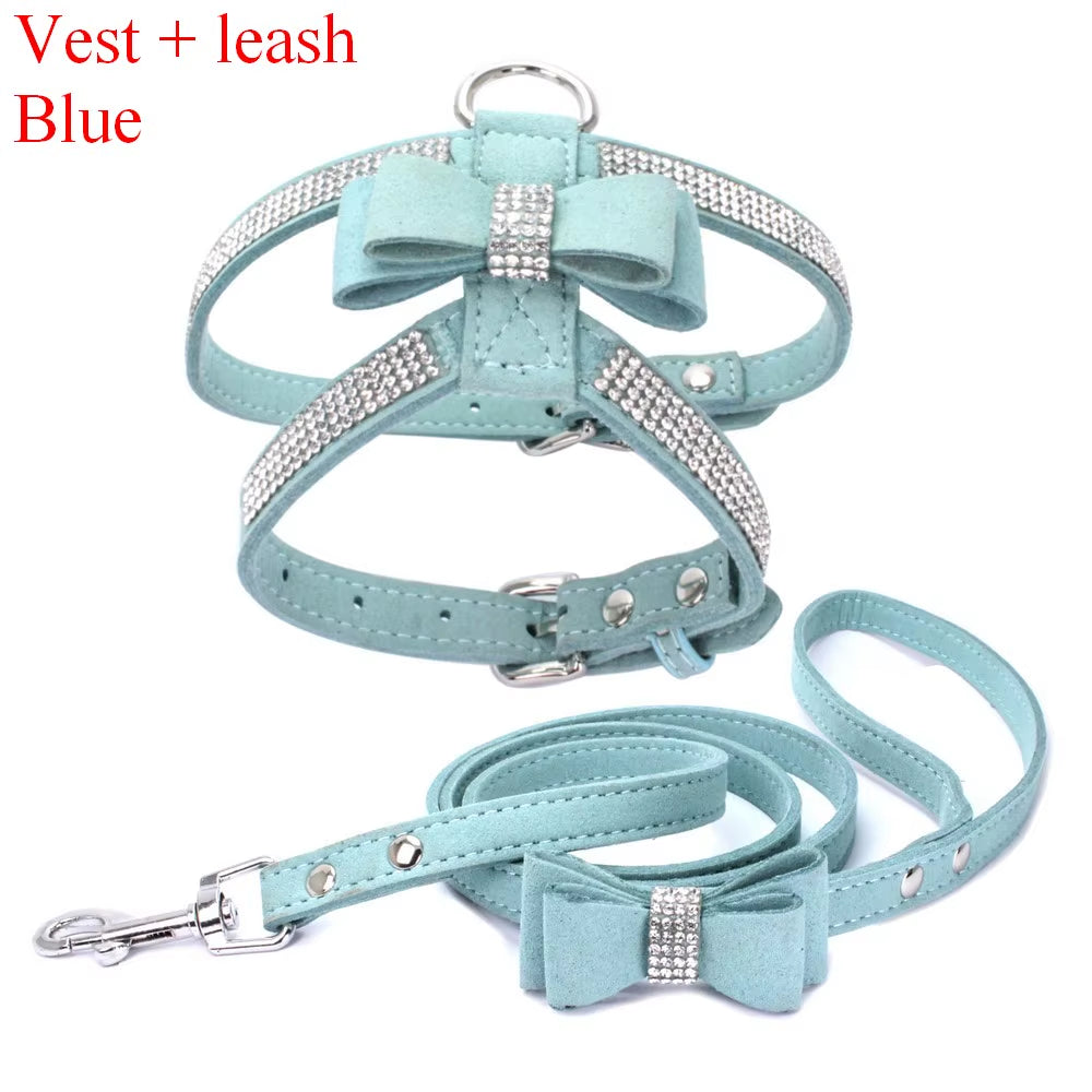 Blue rhinestone dog harness and matching leash set featuring elegant crystal embellishments for small pets