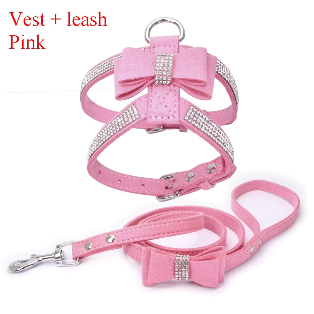Pink rhinestone dog harness and leash set designed for small dogs and cats with an elegant boutique-inspired style