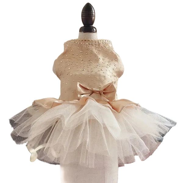 Beige polka dot dog dress for small dogs with a princess-style skirt by Paws for Royalty