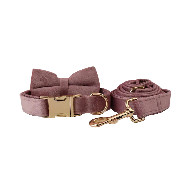 Lilac personalized velvet dog collar and matching bow tie set designed for small dogs and cats