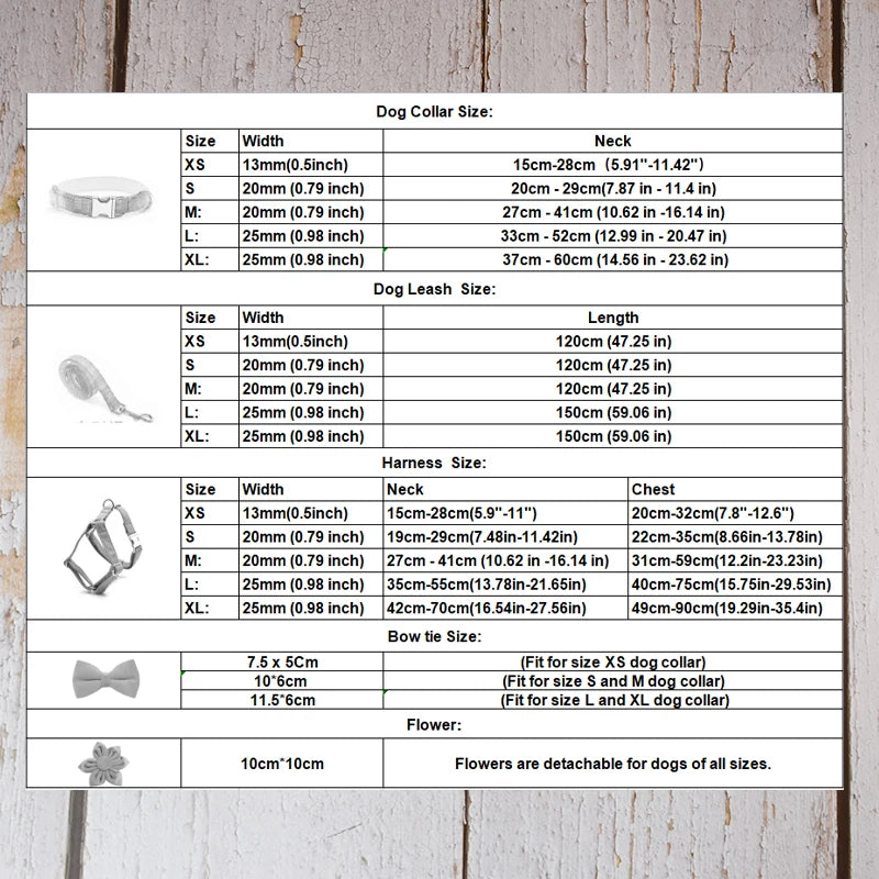 Personalized velvet dog collar and leash set size guide showing measurements for small dogs and cats