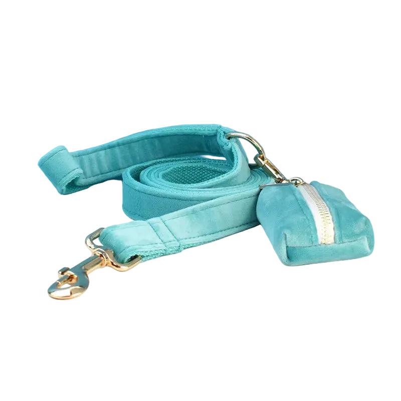 Designer turquoise velvet dog collar and leash set with premium hardware for small dogs
