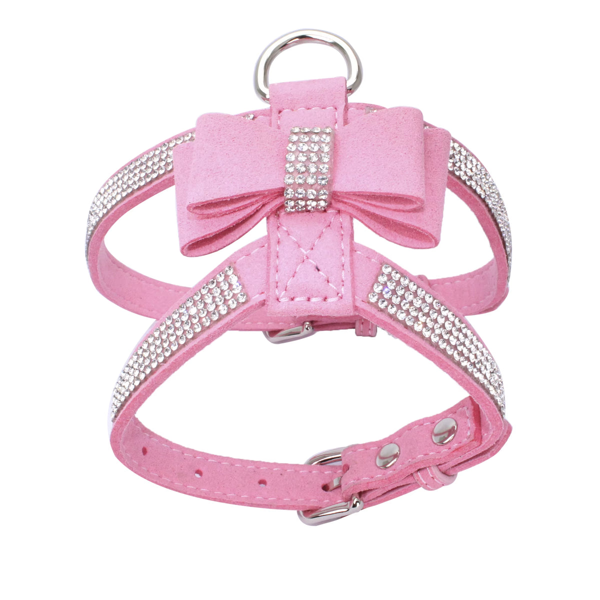 Pink dog harness featuring sparkling rhinestone crystals, a soft suede bow, and an adjustable comfortable fit
