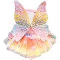 Butterfly dog costume for small dogs featuring colorful butterfly wings and a rainbow princess tulle skirt