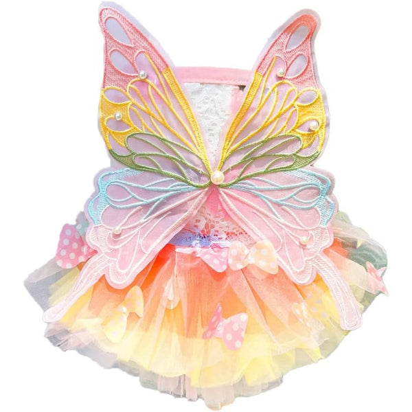 Butterfly dog costume for small dogs featuring colorful butterfly wings and a rainbow princess tulle skirt