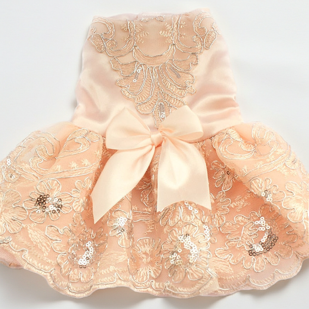Paws For Royalty Sequin Lace Dog Wedding Dress displayed in full, featuring sparkling sequins, embroidered lace, a decorative ribbon, and layered tutu skirt.