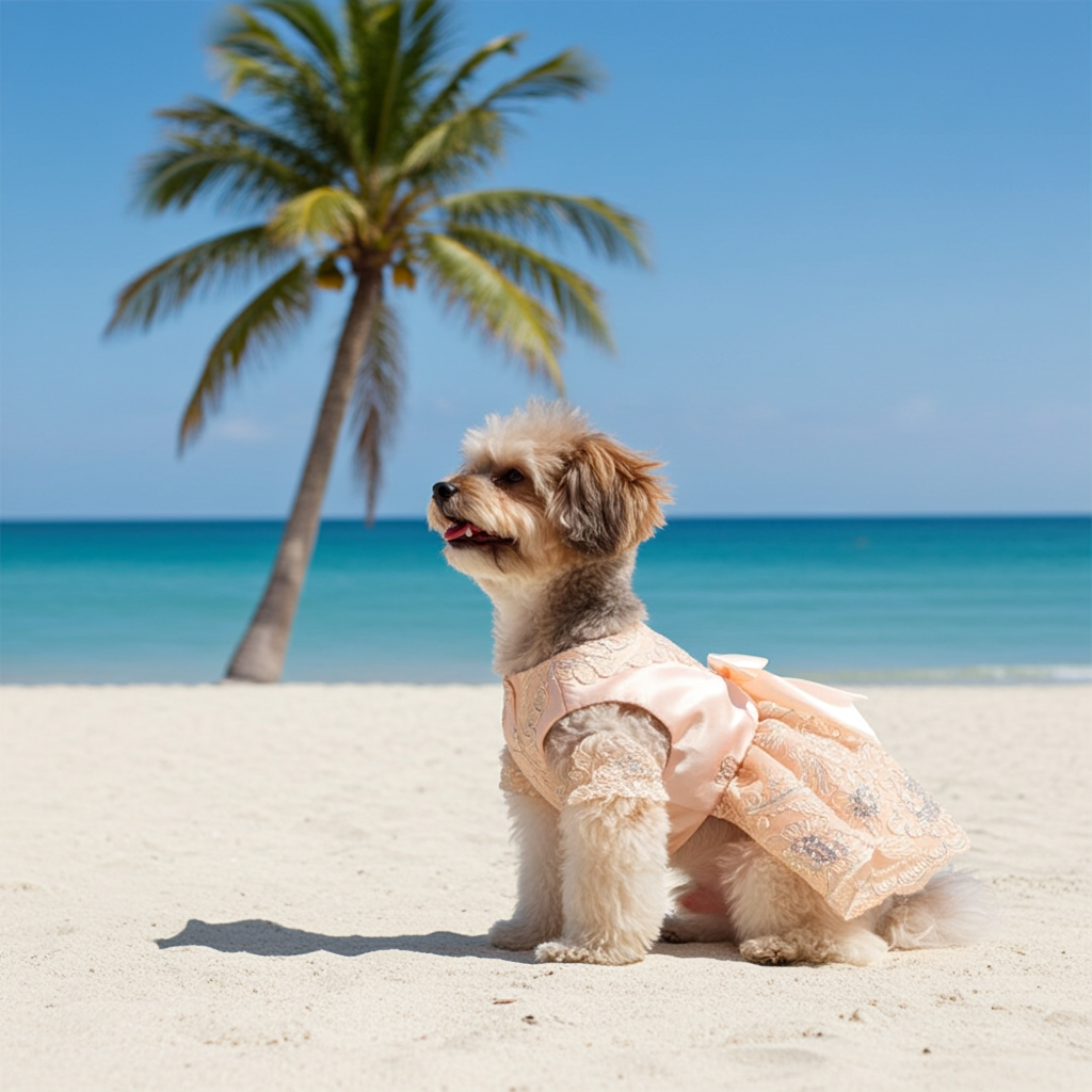 Small dog wearing the Paws For Royalty Sequin Lace Dog Wedding Dress at the beach, showcasing the side profile, sparkling lace details, and princess-inspired silhouette.